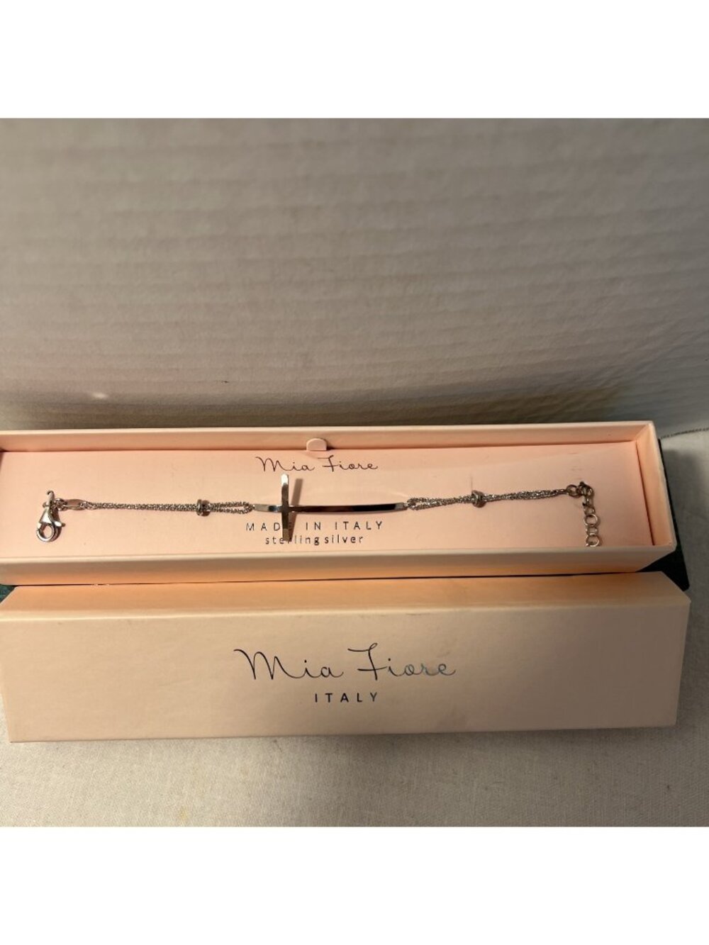 Mia Fiore 925 Italy Sterling Silver Sideways Cross Bracelet Sparkling Double Box